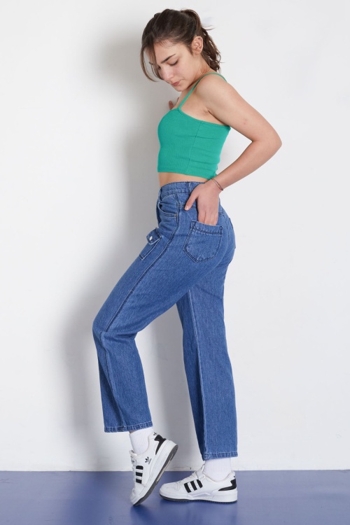 Mavi Yüksek Bel Kapaklı Cepli Kız Çocuk Geniş Paça Jean Pantolon 18367