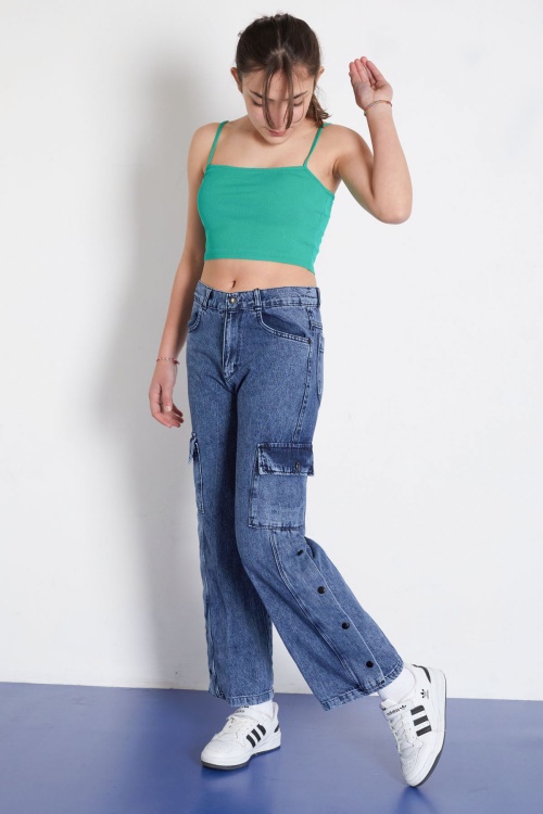 Mavi Yüksek Bel Kargo Cepli Paçası Çıtçıtlı Kız Jean Pantolon 18369