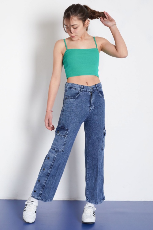 Mavi Yüksek Bel Kargo Cepli Paçası Çıtçıtlı Kız Jean Pantolon 18369