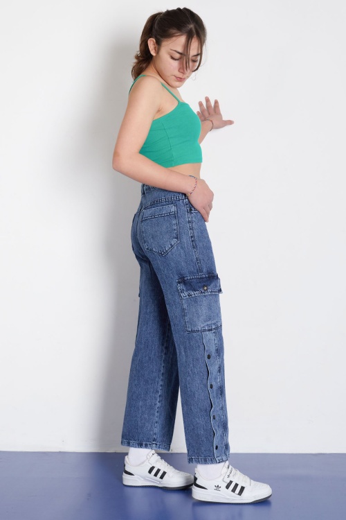 Mavi Yüksek Bel Kargo Cepli Paçası Çıtçıtlı Kız Jean Pantolon 18369