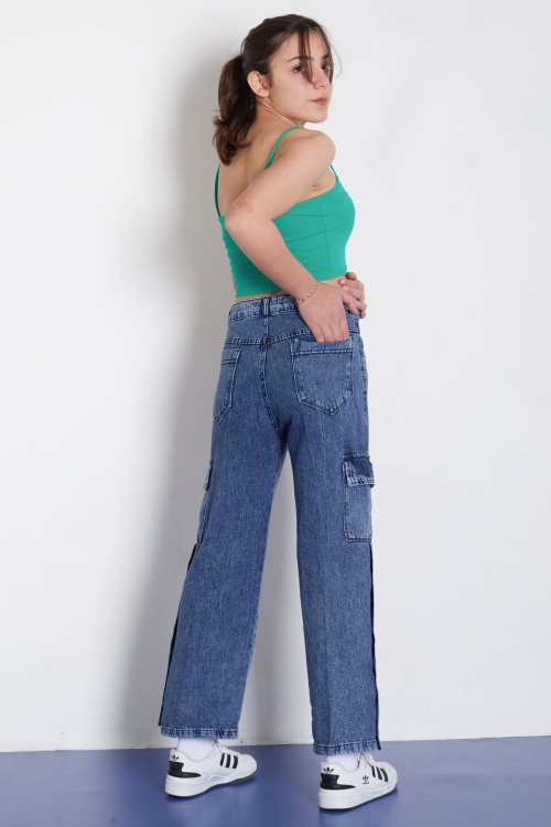 Mavi Yüksek Bel Kargo Cepli Paçası Çıtçıtlı Kız Jean Pantolon 18369