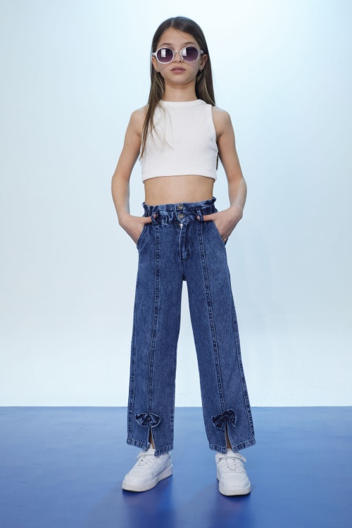 Mavi Yüksek Bel Yırtmaçlı Paçası Fiyonklu Kız Çocuk Jean Pantolon 18368