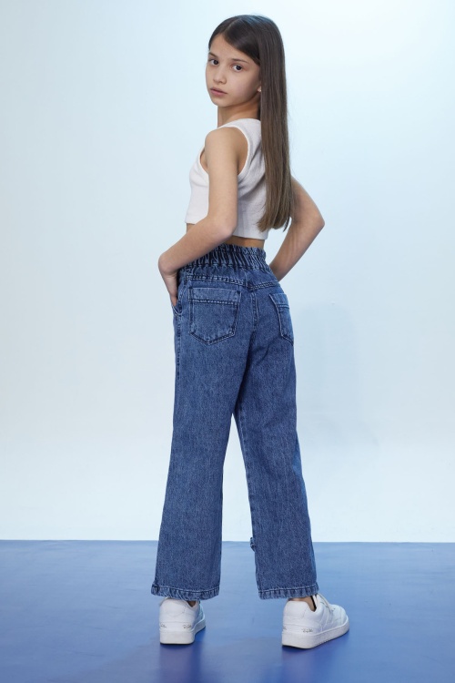 Mavi Yüksek Bel Yırtmaçlı Paçası Fiyonklu Kız Çocuk Jean Pantolon 18368