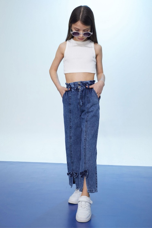 Mavi Yüksek Bel Yırtmaçlı Paçası Fiyonklu Kız Çocuk Jean Pantolon 18368