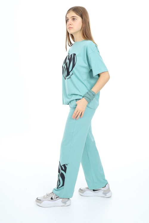 Mint Kalp Baskılı Kız Çocuk Takım 18332