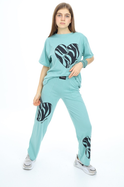 Mint Kalp Baskılı Kız Çocuk Takım 18332