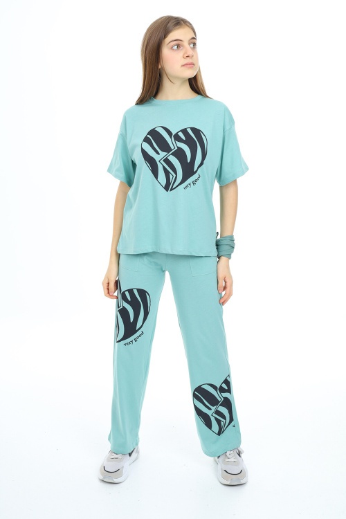 Mint Kalp Baskılı Kız Çocuk Takım 18332