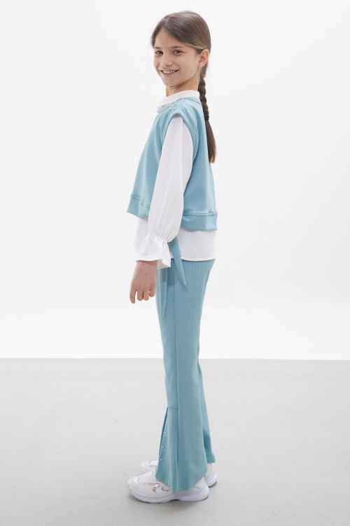 Mint Süveterli Gömlekli Boncuk Detaylı Yırtmaçlı Taytlı Kız Çocuk Takım 18093