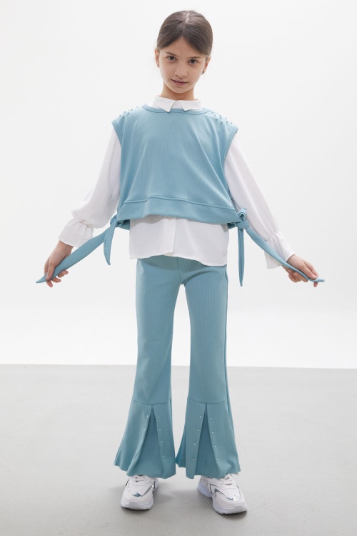 Mint Süveterli Gömlekli Boncuk Detaylı Yırtmaçlı Taytlı Kız Çocuk Takım 18093