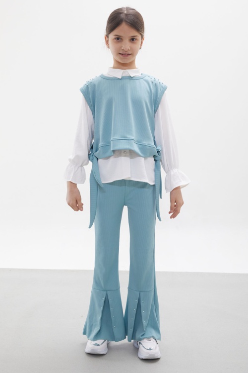 Mint Süveterli Gömlekli Boncuk Detaylı Yırtmaçlı Taytlı Kız Çocuk Takım 18093