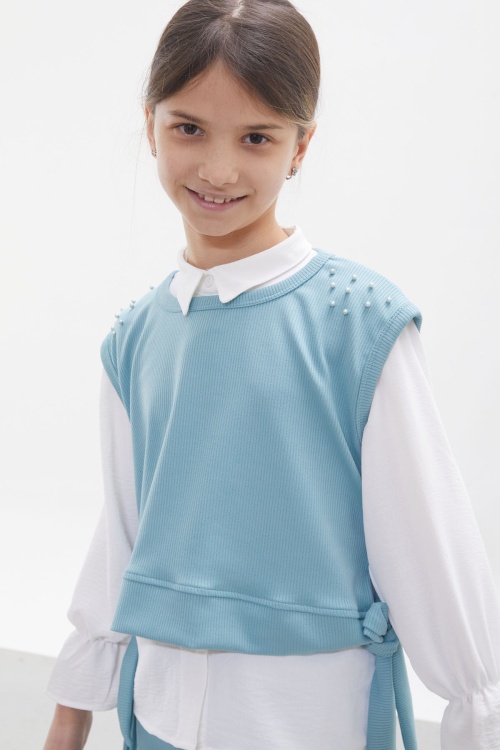 Mint Süveterli Gömlekli Boncuk Detaylı Yırtmaçlı Taytlı Kız Çocuk Takım 18093