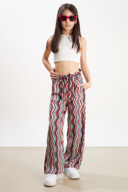 Mor Çizgi Desenli Kuşaklı Kız Çocuk Yazlık Pantolon 18322