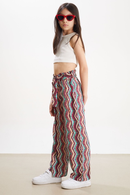 Mor Çizgi Desenli Kuşaklı Kız Çocuk Yazlık Pantolon 18322