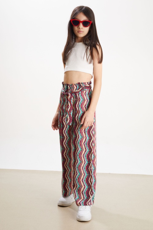 Mor Çizgi Desenli Kuşaklı Kız Çocuk Yazlık Pantolon 18322