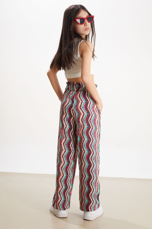 Mor Çizgi Desenli Kuşaklı Kız Çocuk Yazlık Pantolon 18322