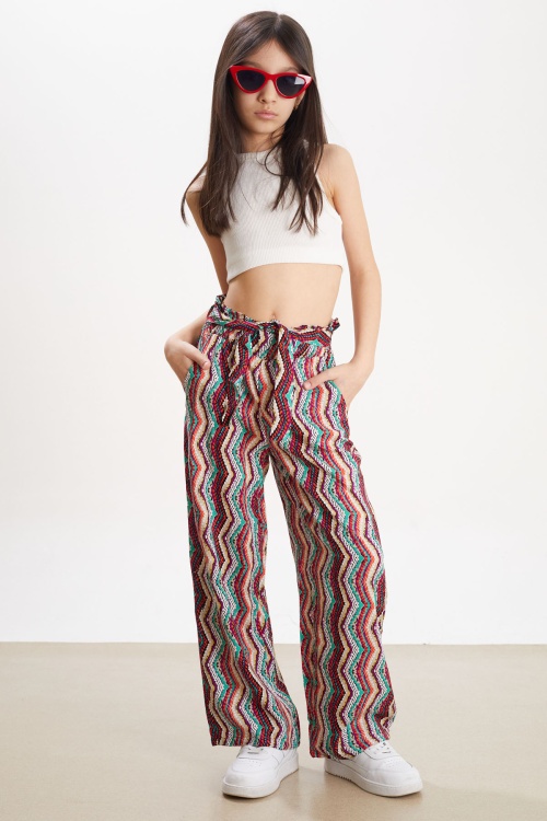 Mor Çizgi Desenli Kuşaklı Kız Çocuk Yazlık Pantolon 18322