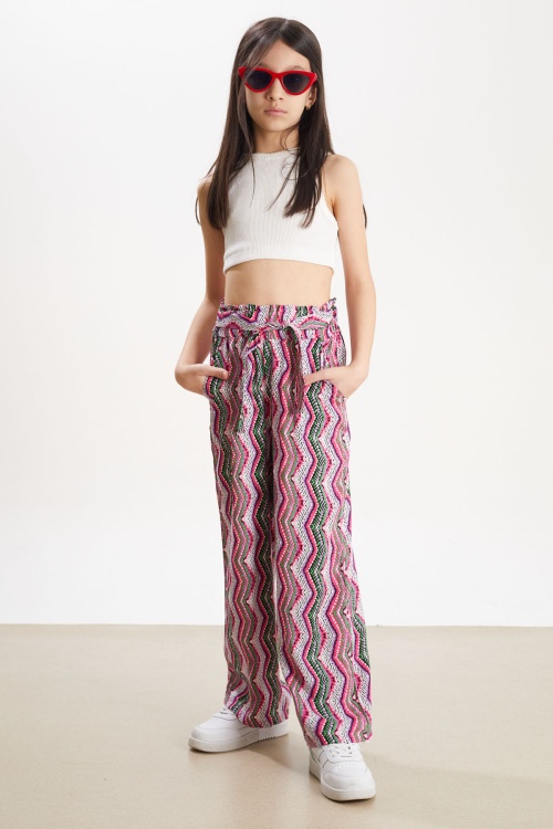 Mor Çizgi Desenli Lastikli Paça Kız Çocuk Yazlık Pantolon 18326