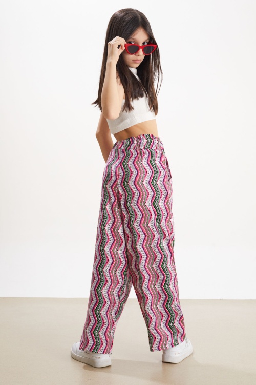 Mor Çizgi Desenli Lastikli Paça Kız Çocuk Yazlık Pantolon 18326