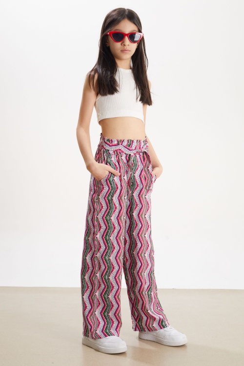 Mor Çizgi Desenli Lastikli Paça Kız Çocuk Yazlık Pantolon 18326