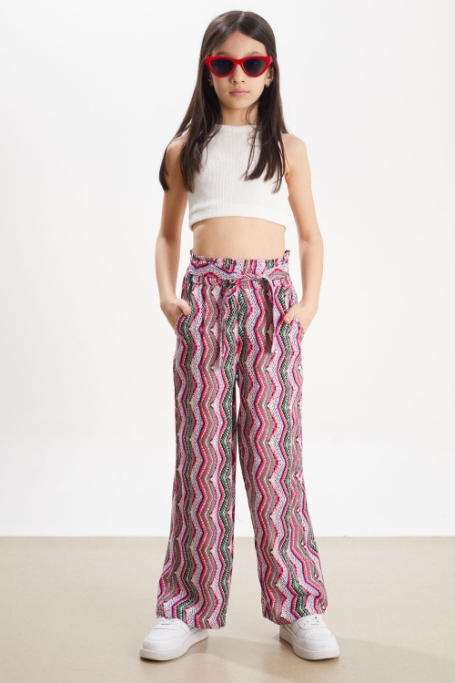 Mor Çizgi Desenli Lastikli Paça Kız Çocuk Yazlık Pantolon 18326