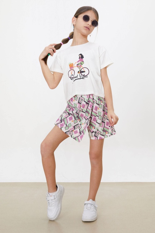 Mor Desenli Şort Etekli Tişörtlü Kız Çocuk Takım 18476