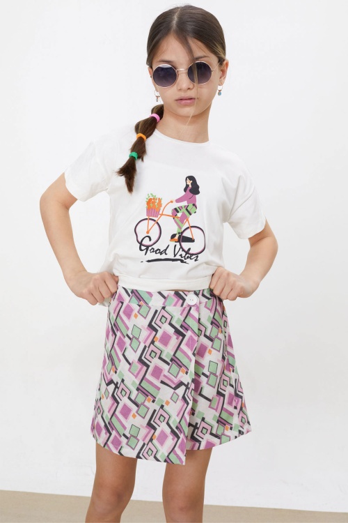 Mor Desenli Şort Etekli Tişörtlü Kız Çocuk Takım 18476