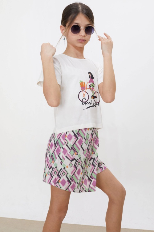 Mor Desenli Şort Etekli Tişörtlü Kız Çocuk Takım 18476