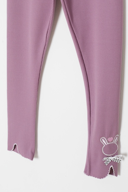 Mor Fiyonklu Tavşan Nakışlı Fitilli Kız Çocuk Yırtmaçlı Tayt 18148