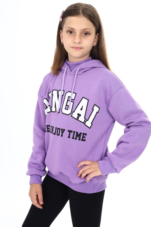 Mor Pengai Yazı Baskı Polarlı Kız Çocuk Sweatshirt 18327