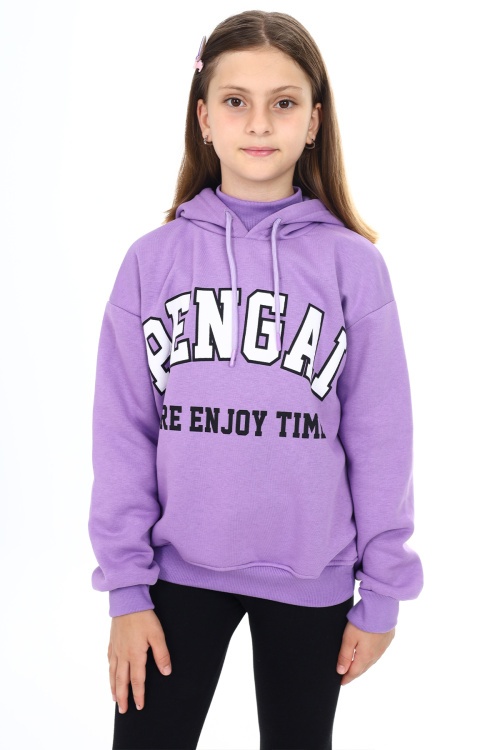 Mor Pengai Yazı Baskı Polarlı Kız Çocuk Sweatshirt 18327