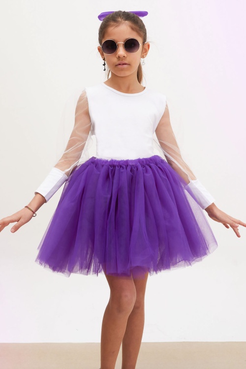 Mor Tütü Etekli Kolları Tüllü Bluzlu Kız Çocuk Elbise Takımı 17831