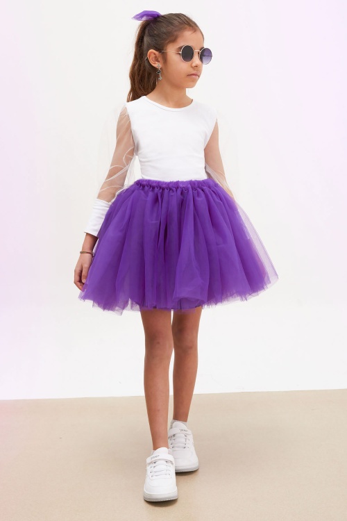 Mor Tütü Etekli Kolları Tüllü Bluzlu Kız Çocuk Elbise Takımı 17831