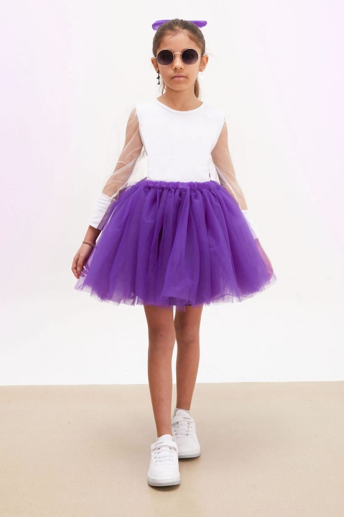 Mor Tütü Etekli Kolları Tüllü Bluzlu Kız Çocuk Elbise Takımı 17831