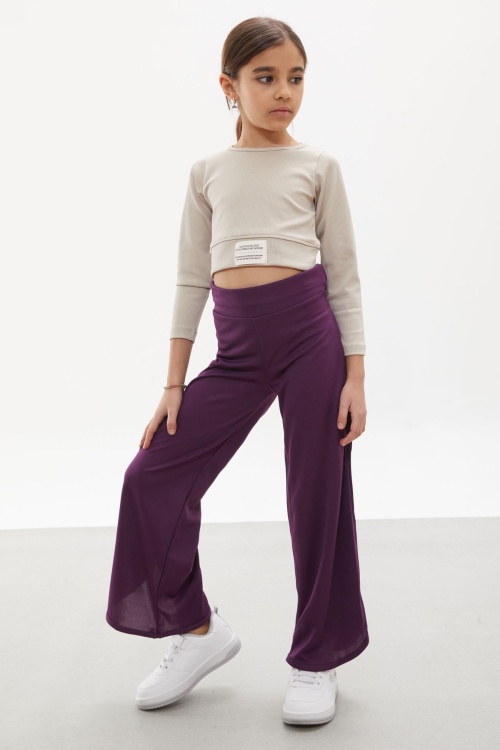 Mor Yırtmaçlı Paça Kuşaklı Viskon Kumaş Kız Pantolon 18104