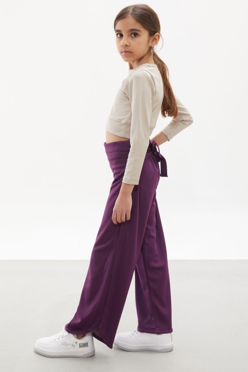 Mor Yırtmaçlı Paça Kuşaklı Viskon Kumaş Kız Pantolon 18104