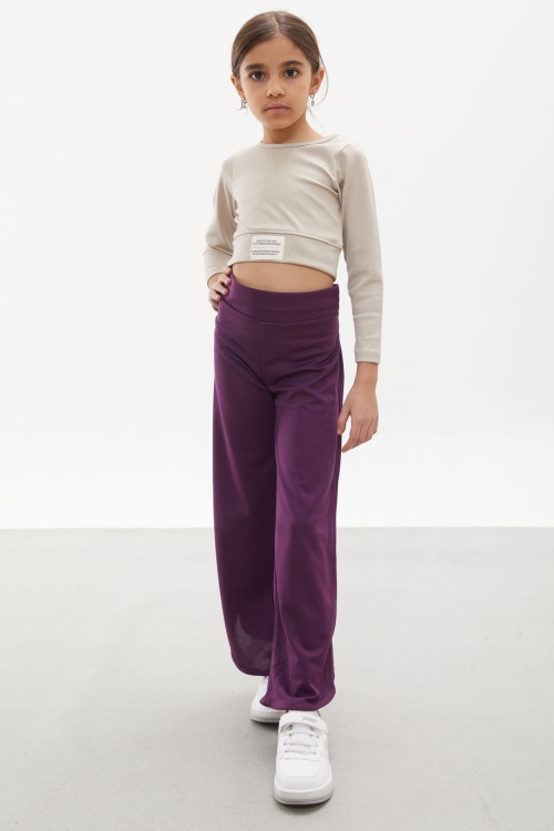 Mor Yırtmaçlı Paça Kuşaklı Viskon Kumaş Kız Pantolon 18104