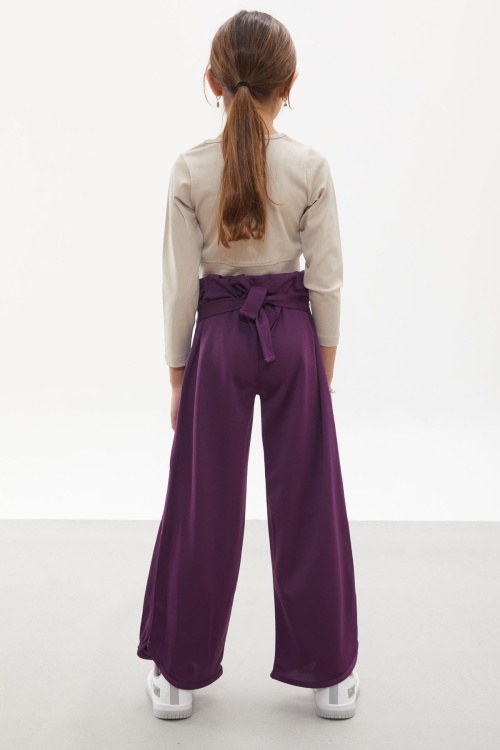 Mor Yırtmaçlı Paça Kuşaklı Viskon Kumaş Kız Pantolon 18104