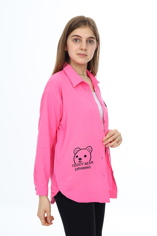 Pembe Ayıcık Baskılı Yırtmaçlı Kız Çocuk Düğmeli Gömlek 18417