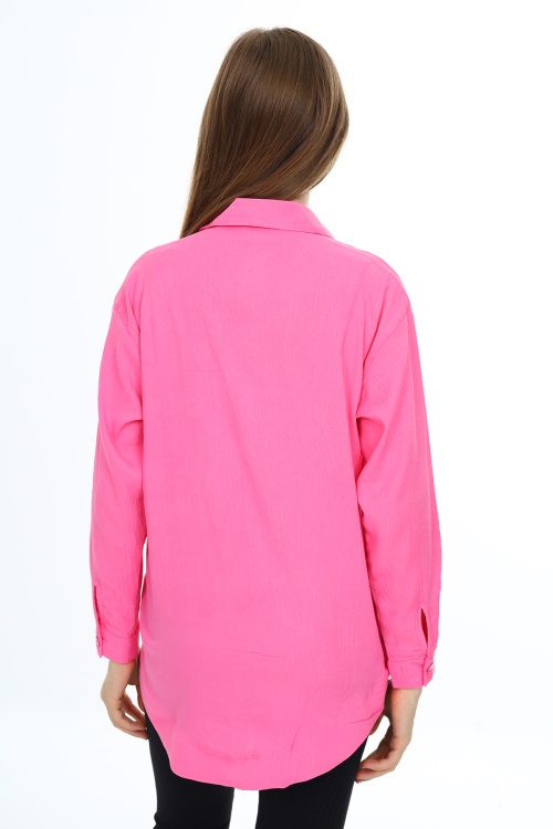 Pembe Ayıcık Baskılı Yırtmaçlı Kız Çocuk Düğmeli Gömlek 18417