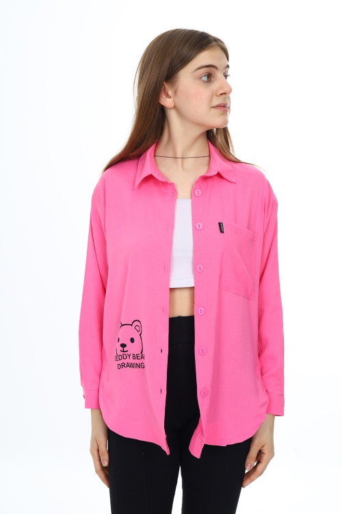 Pembe Ayıcık Baskılı Yırtmaçlı Kız Çocuk Düğmeli Gömlek 18417