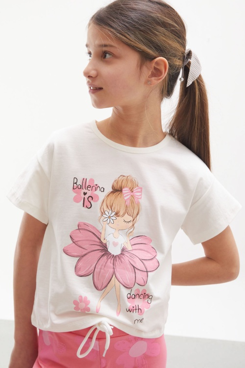 Pembe Balerin Baskılı Simli Tişörtlü Kız Çocuk Takım 18017