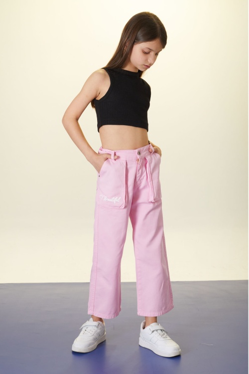 Pembe Beautiful Yazılı Geniş Paça Kız Çocuk Keten Pantolon 18443