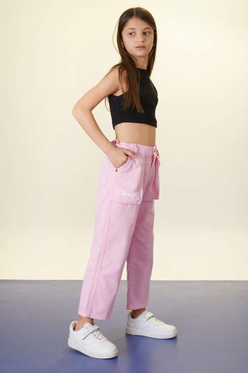 Pembe Beautiful Yazılı Geniş Paça Kız Çocuk Keten Pantolon 18443