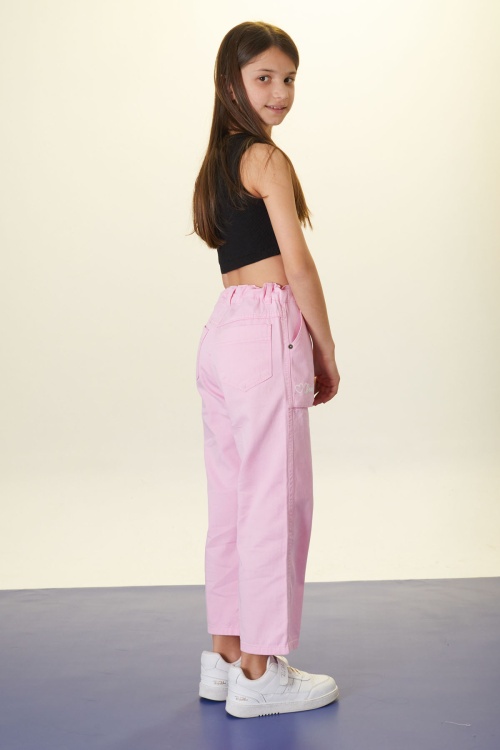 Pembe Beautiful Yazılı Geniş Paça Kız Çocuk Keten Pantolon 18443
