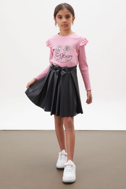 Pembe Çiçek Baskılı Badili Deri Etekli Kız Çocuk Takım 18009