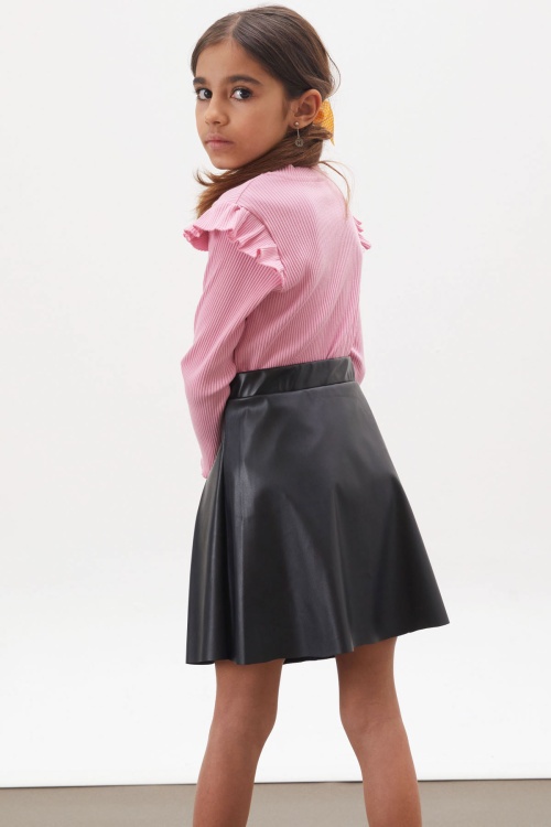 Pembe Çiçek Baskılı Badili Deri Etekli Kız Çocuk Takım 18009