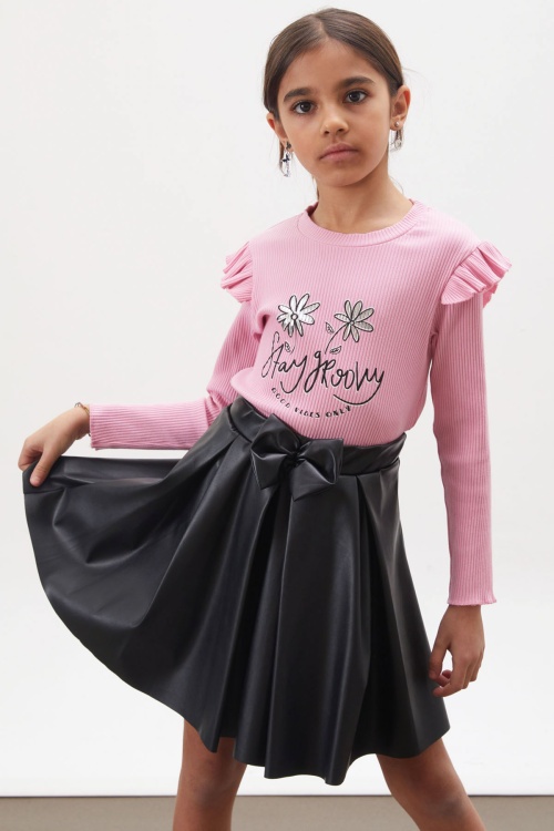 Pembe Çiçek Baskılı Badili Deri Etekli Kız Çocuk Takım 18009