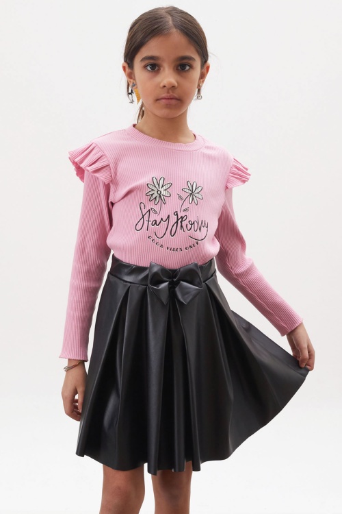 Pembe Çiçek Baskılı Badili Deri Etekli Kız Çocuk Takım 18009