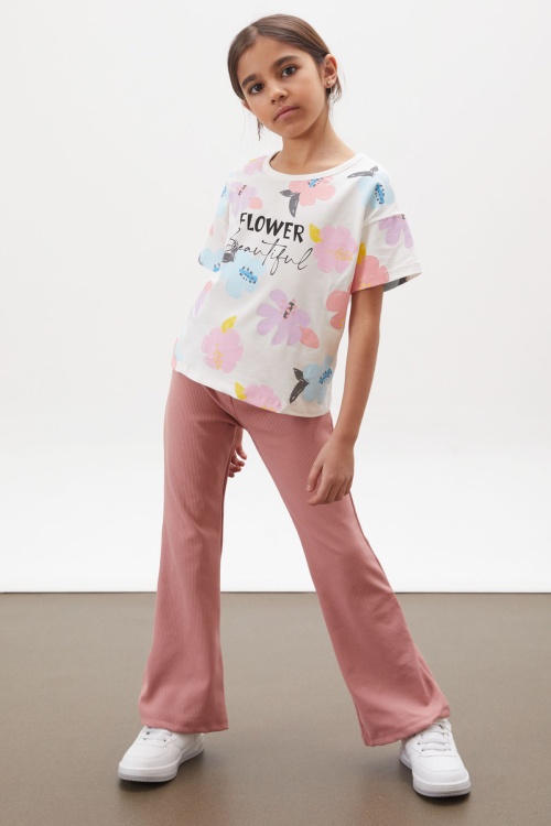 Pembe Çiçek Baskılı İspanyol Paça Fitilli Taytlı Kız Çocuk Takım 18001