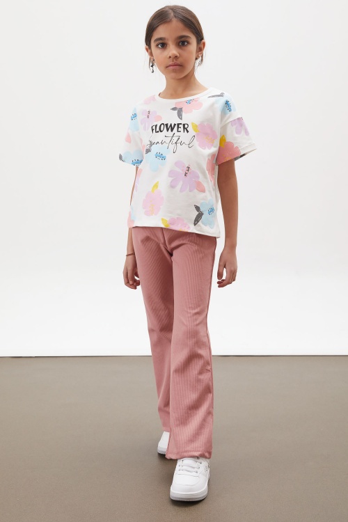 Pembe Çiçek Baskılı İspanyol Paça Fitilli Taytlı Kız Çocuk Takım 18001